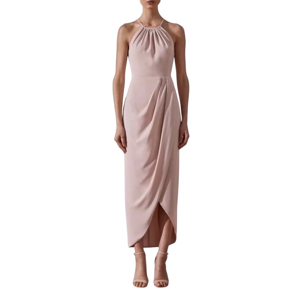 SHONA JOY Dress High Neck Ruched Blush Pink Halter Gown Sleeveless Size 2